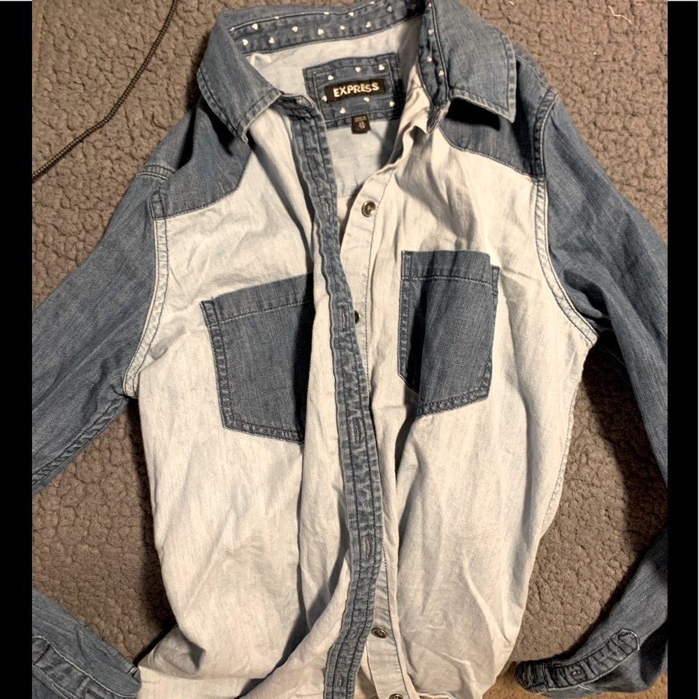 Express blue denim long sleeve button down with navy pockets
